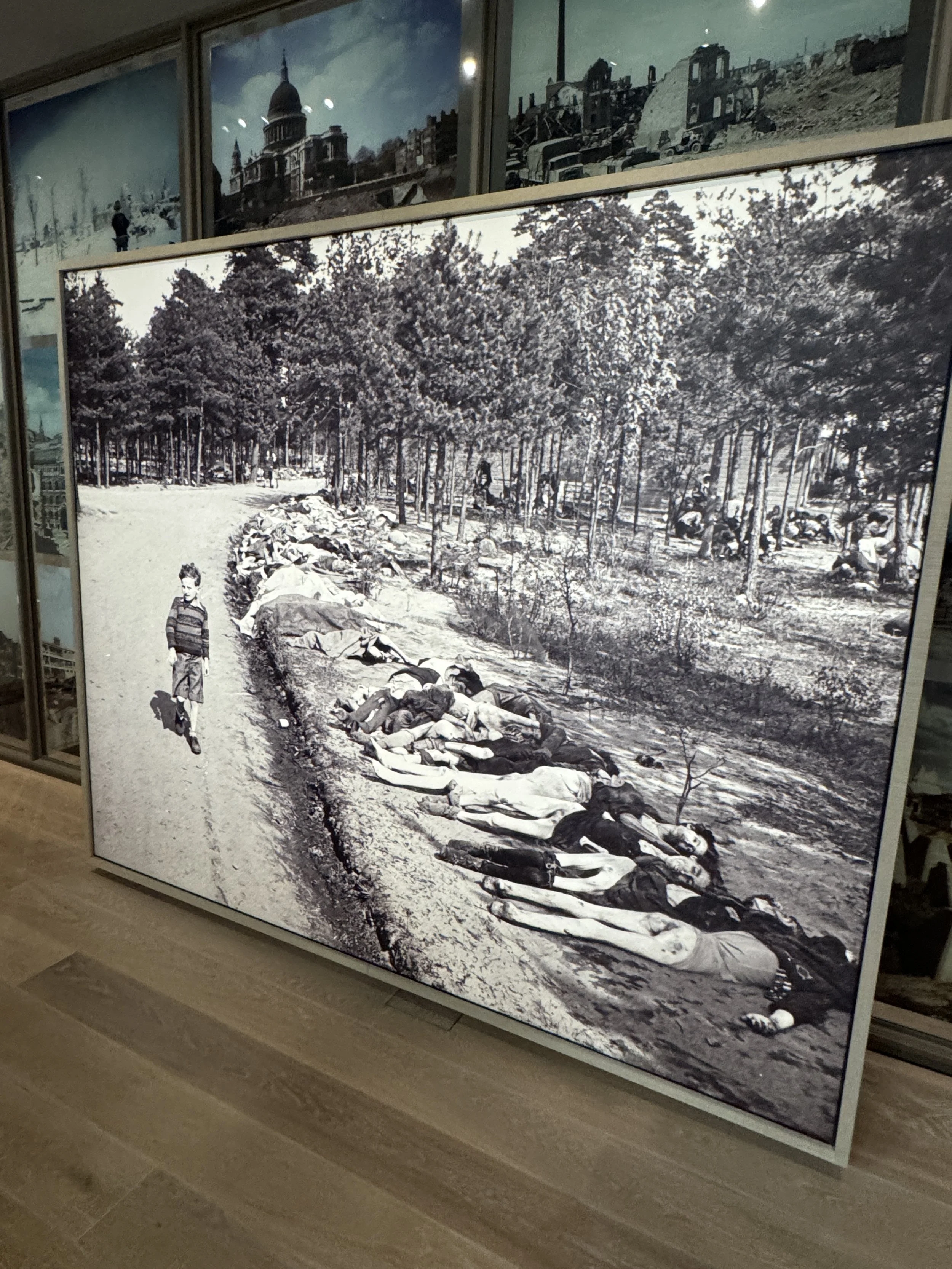 Black and white historical photograph display inside the National Holocaust Museum in Amsterdam