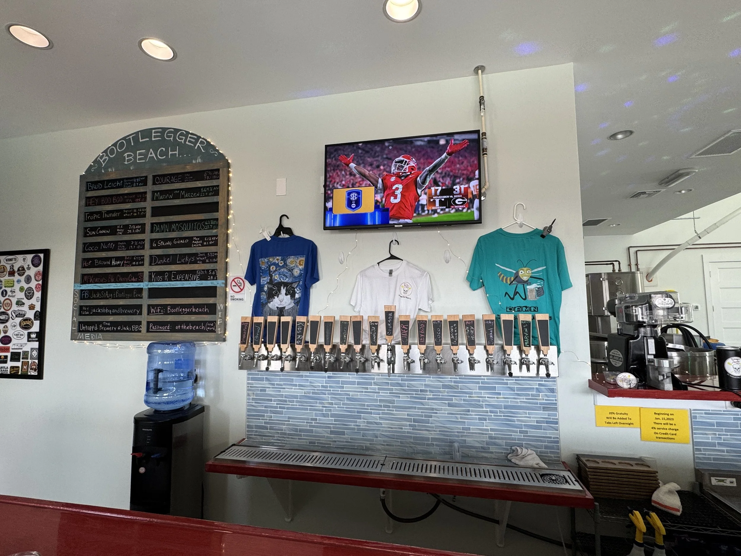 Beer tap wall and drink menu inside Jack’s BBQ and Brewery in St. Augustine Florida.