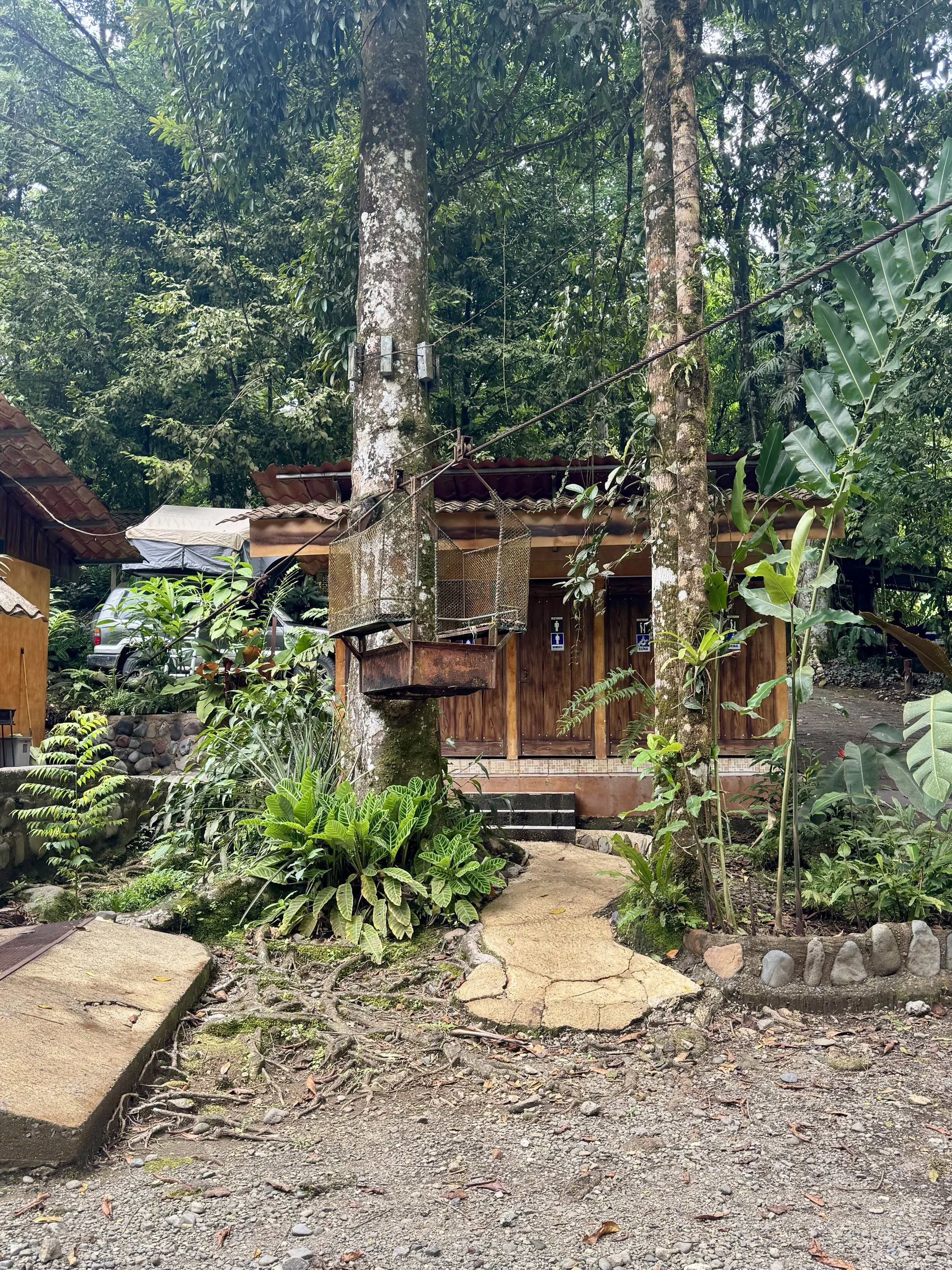 Waterfall and landscaped hot spring area with tropical greenery at Recreo Verde.