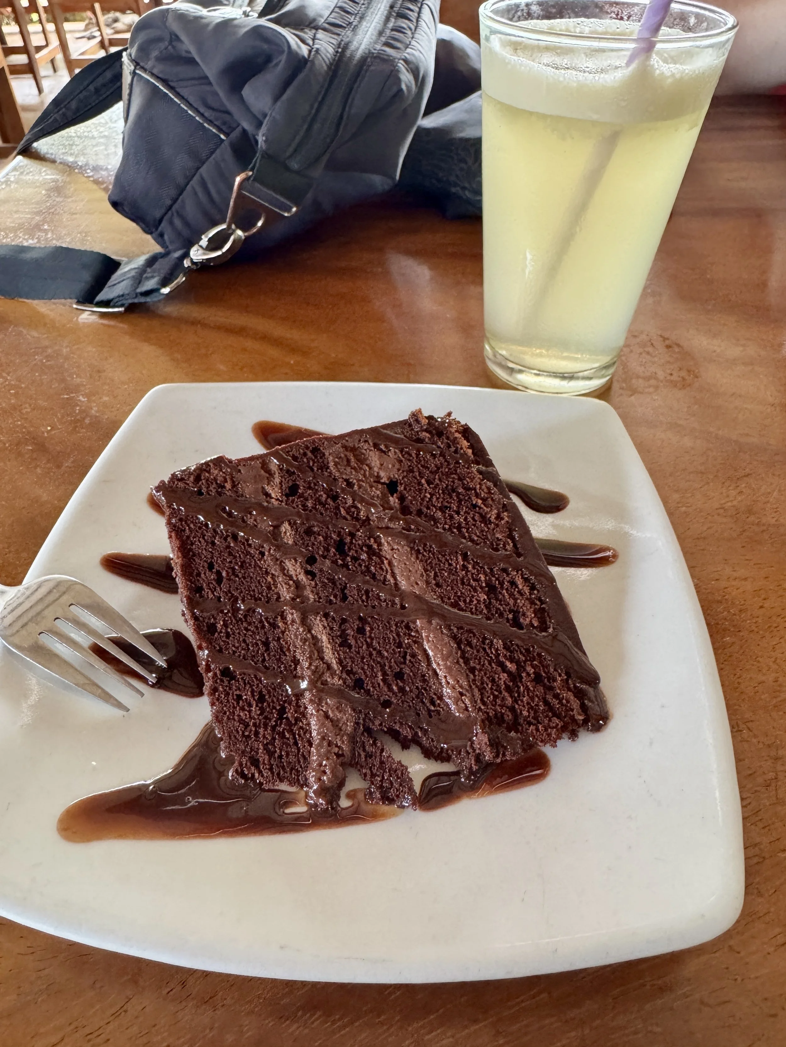 Slice of chocolate cake with a glass of lemonade at Bread & Chocolate.