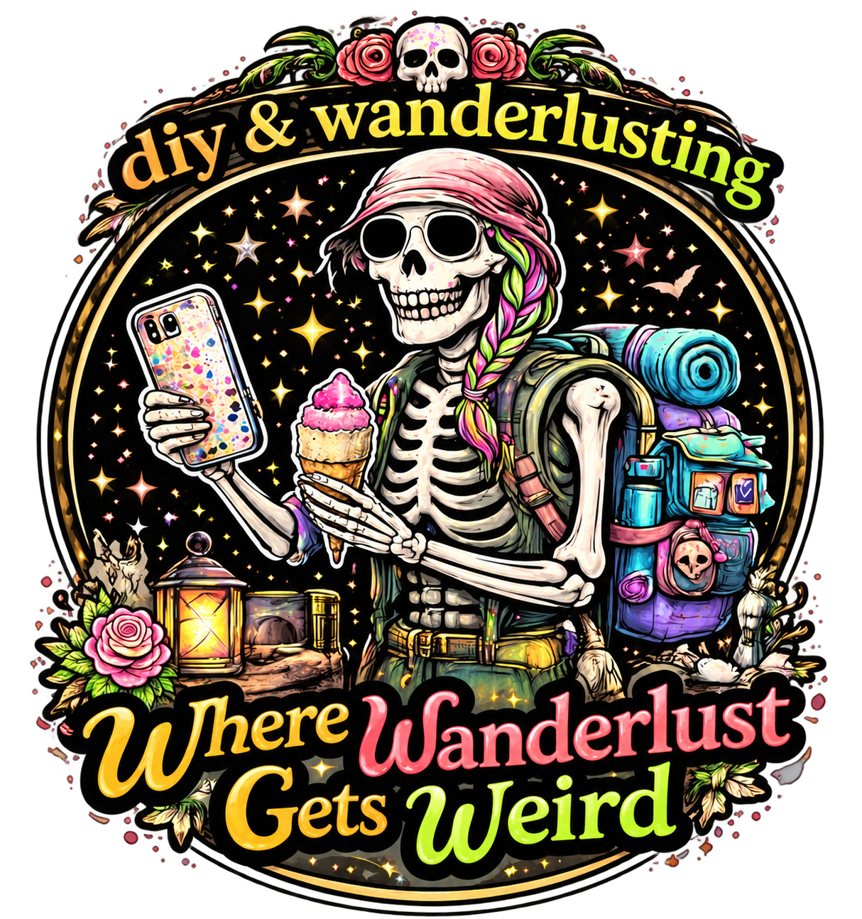 DIY and Wanderlusting logo featuring a colorful skeleton traveler and the words Where Wanderlust Gets Weird