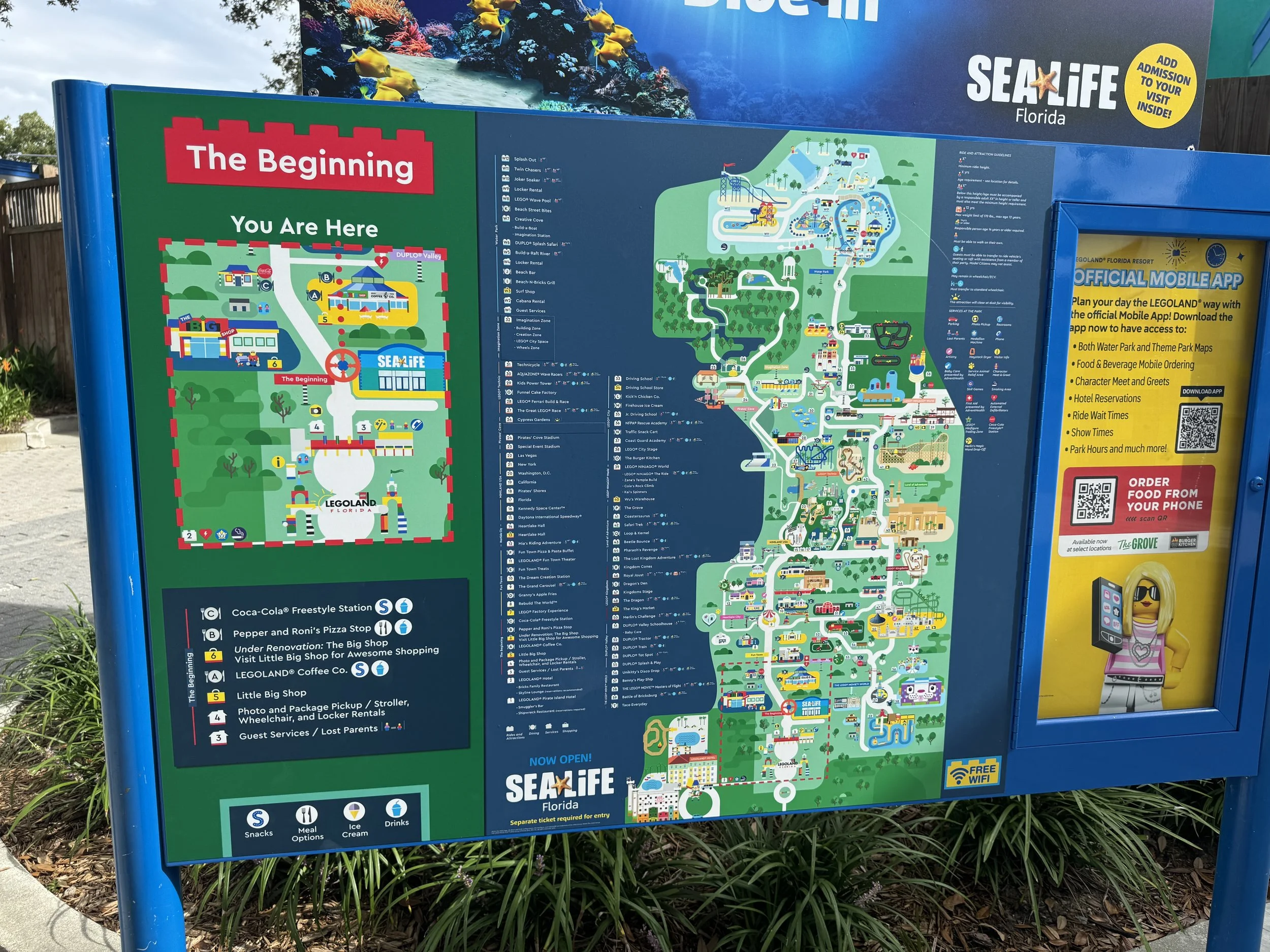 Park map display showing attractions and layout at LEGOLAND Florida Resort in Winter Haven.