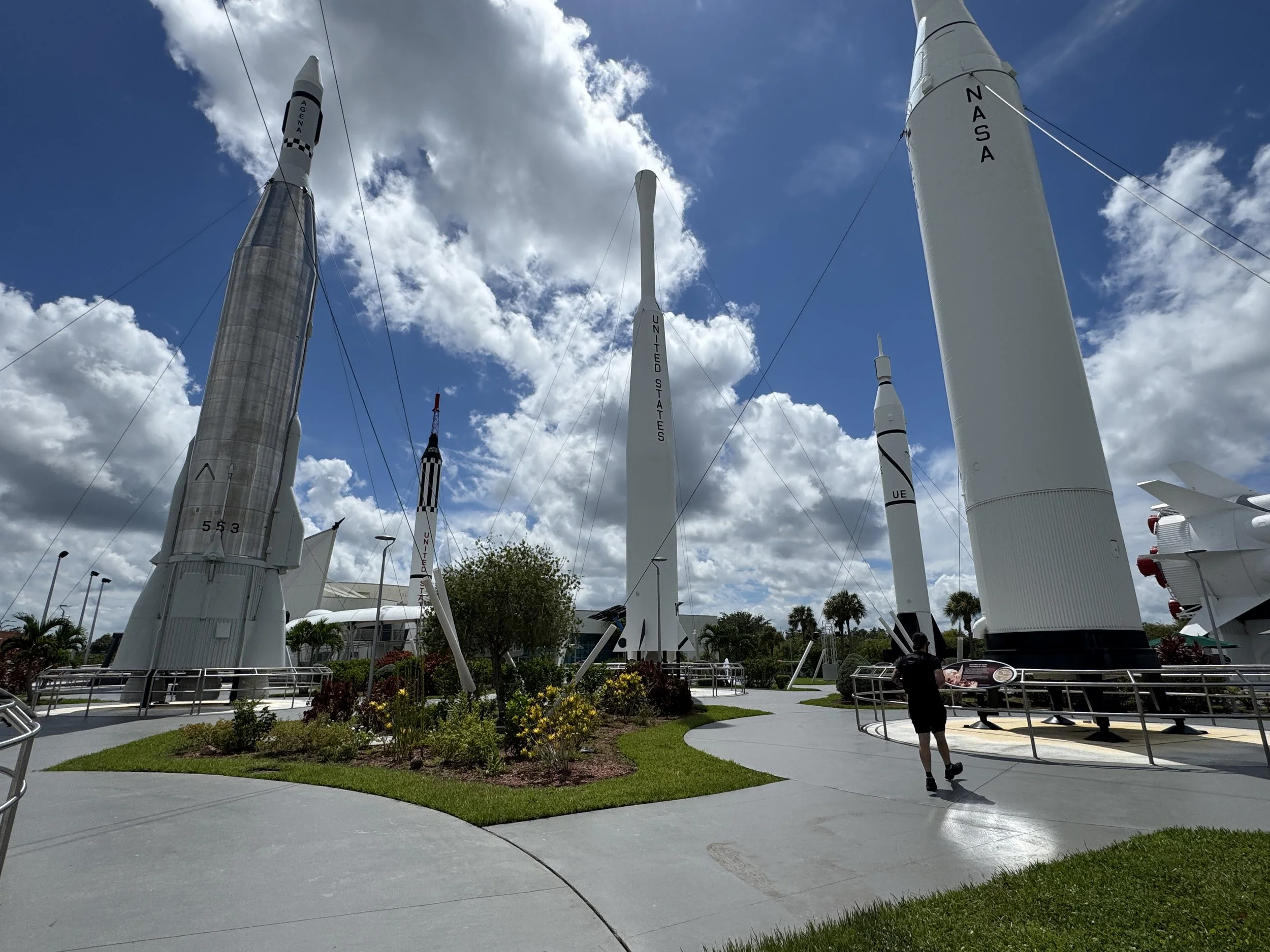 Historic rockets standing in the Rocket Garden at Kennedy Space Center Visitor Complex.