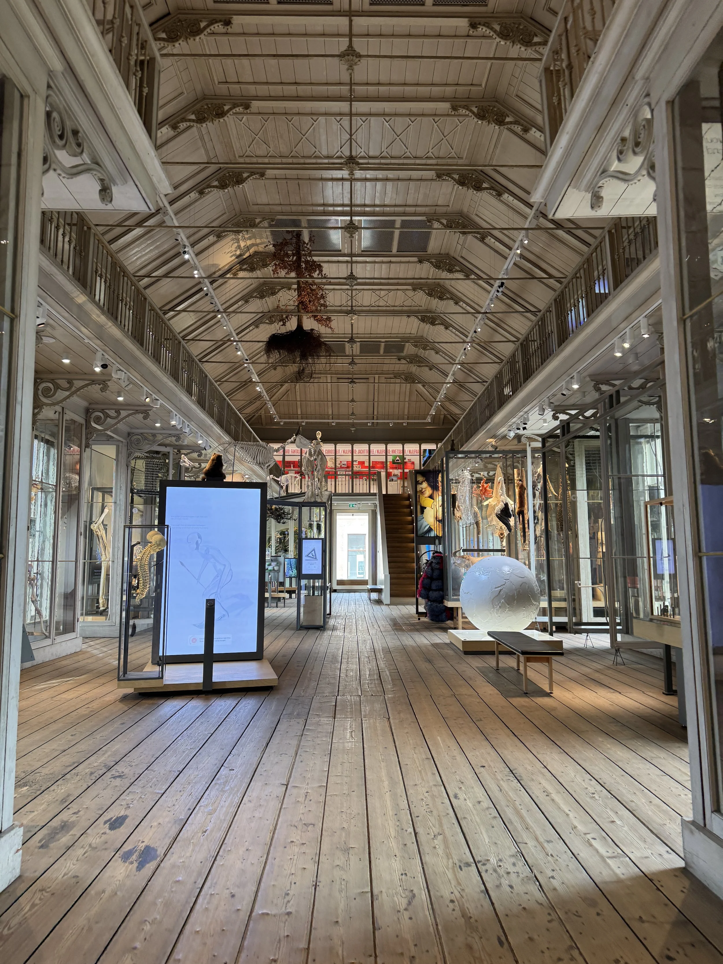Spacious exhibition hall with wooden floors and displays inside ARTIS-Groote Museum Amsterdam