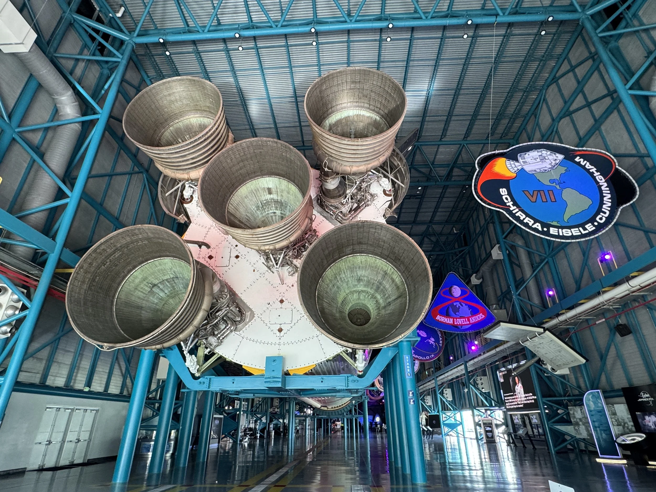 Rocket engine cluster display inside the Apollo/Saturn V Center at Kennedy Space Center.