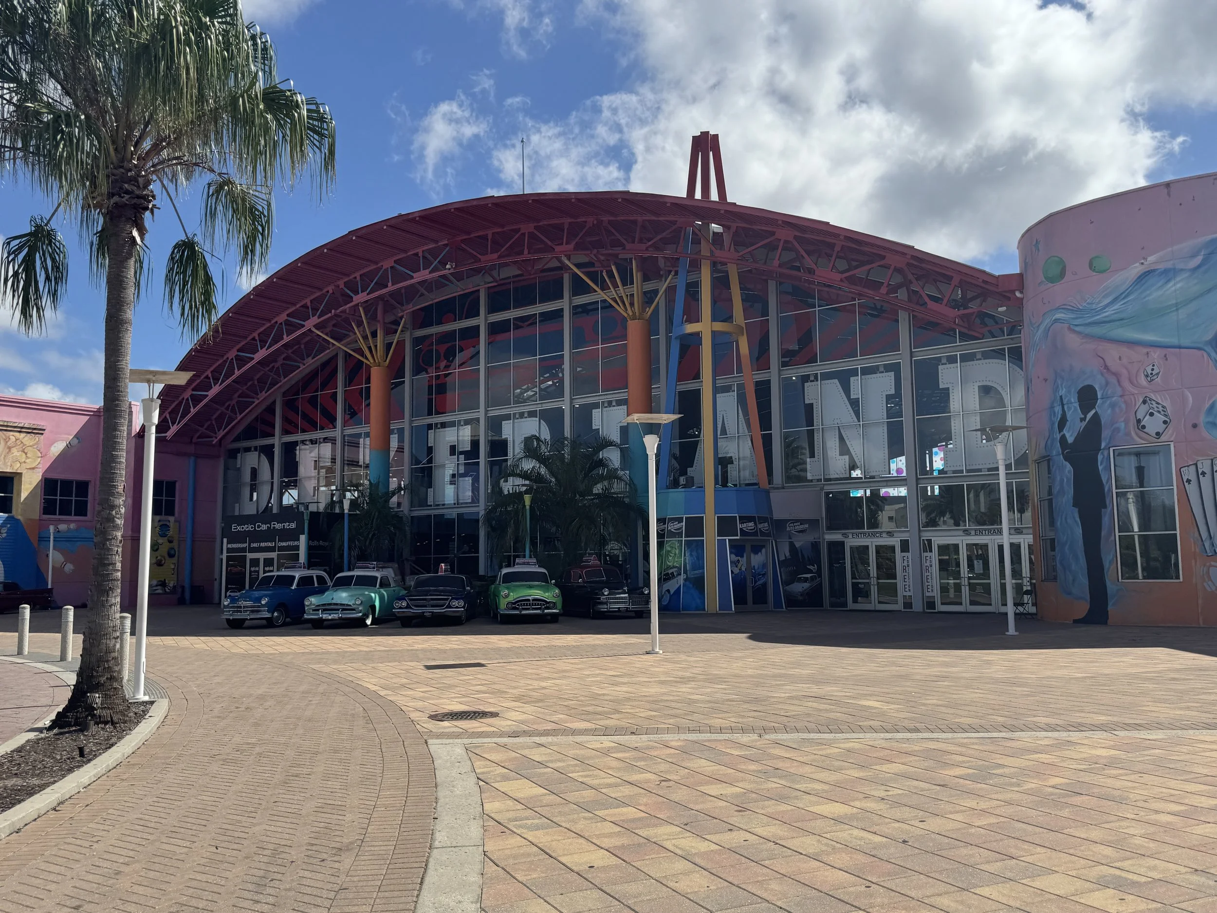 Exterior entrance of Dezerland Park indoor attraction and car museum in Orlando Florida.