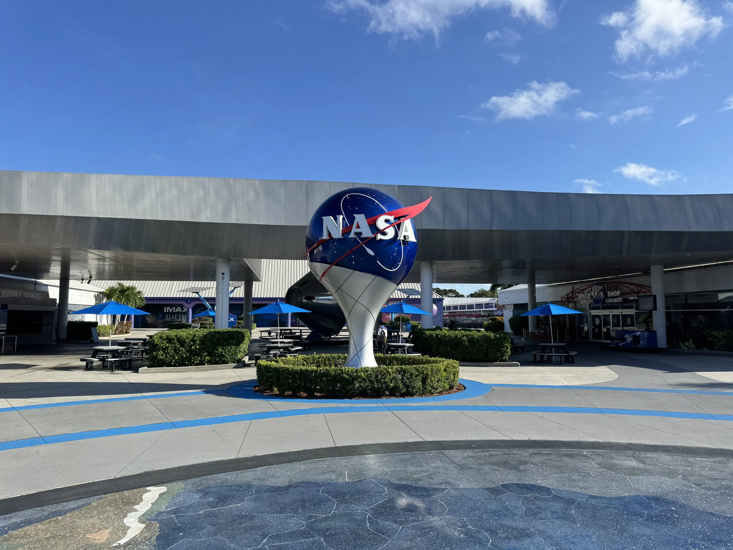 NASA globe landmark outside the Kennedy Space Center Visitor Complex in Florida.