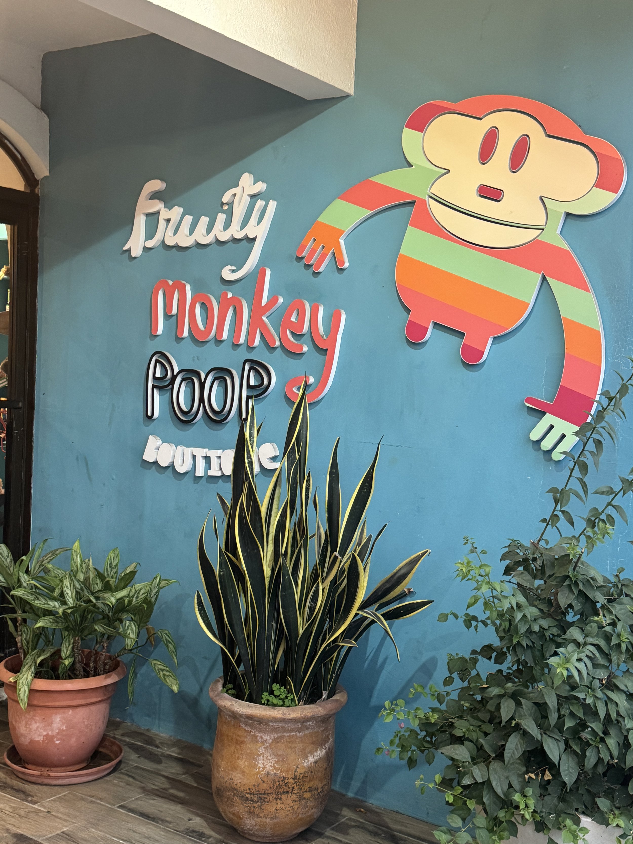 Colorful “Fruity Monkey Poop Boutique” wall sign with cartoon monkey logo and tropical plants below.