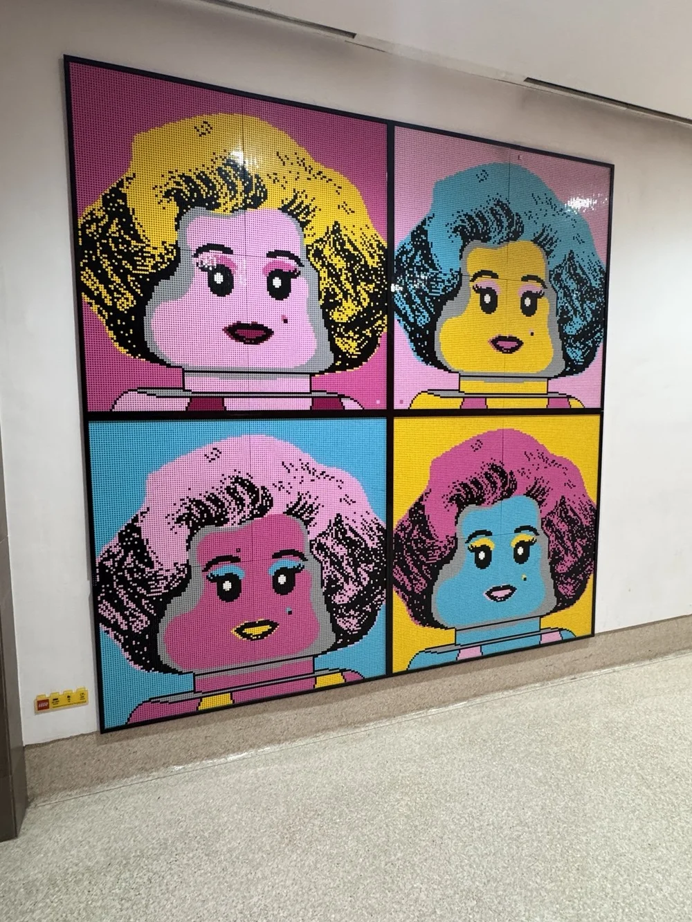 Colorful LEGO pop-art portrait artwork seen during the journey from Las Vegas to Milan.