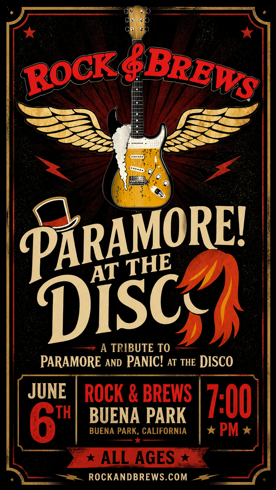 A poster advertising a tribute concert to Paramore and Panic! at the Disco, featuring a guitar with wings, a top hat, and a female hairstyle, with event details including date, time, location, and age restrictions.