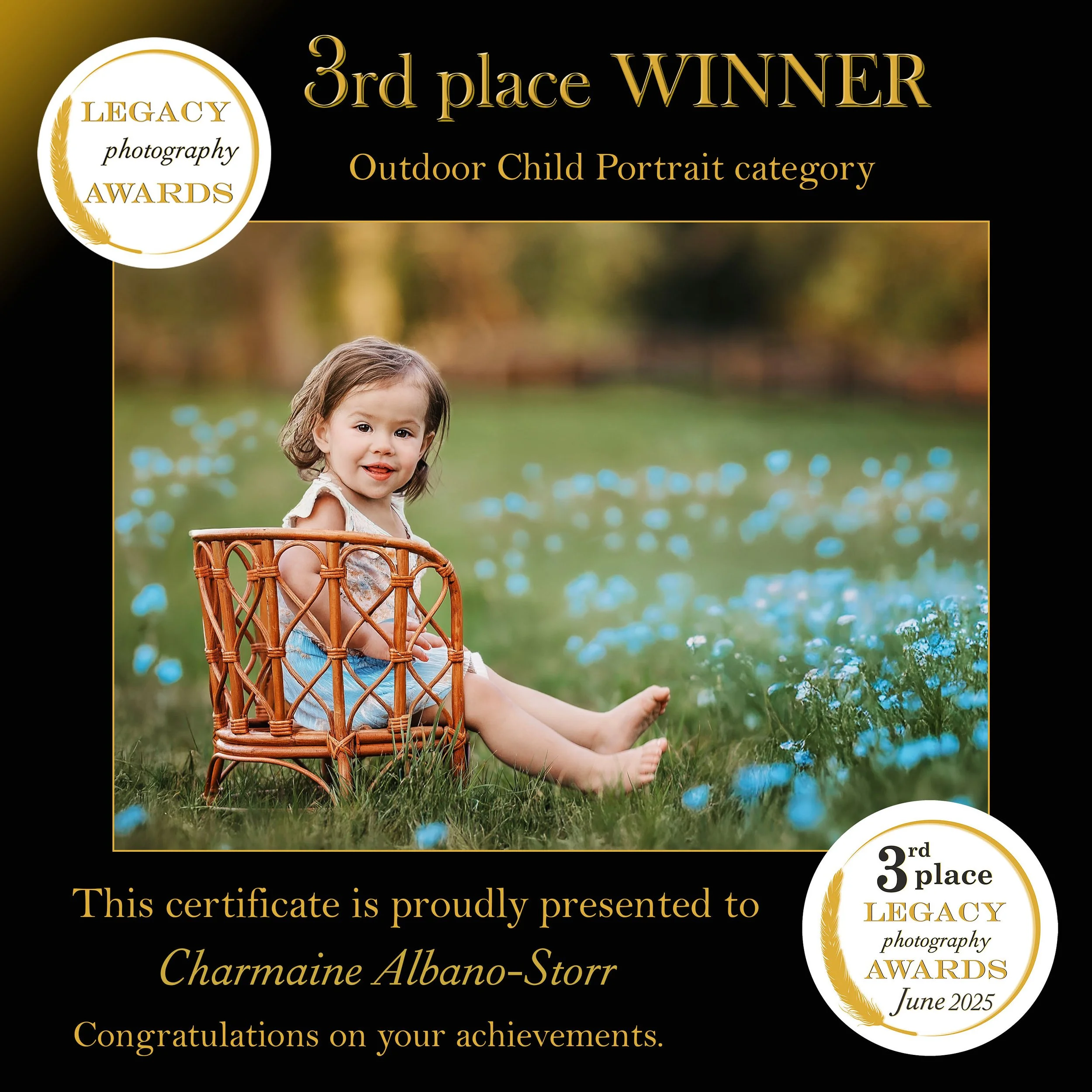 A certificate of achievement from the Legacy Photography Awards, awarded to Charmaine Albano-Storr for third place in the Outdoor Child Portrait category in June 2025. The certificate features a photograph of a young girl with brown hair sitting outd