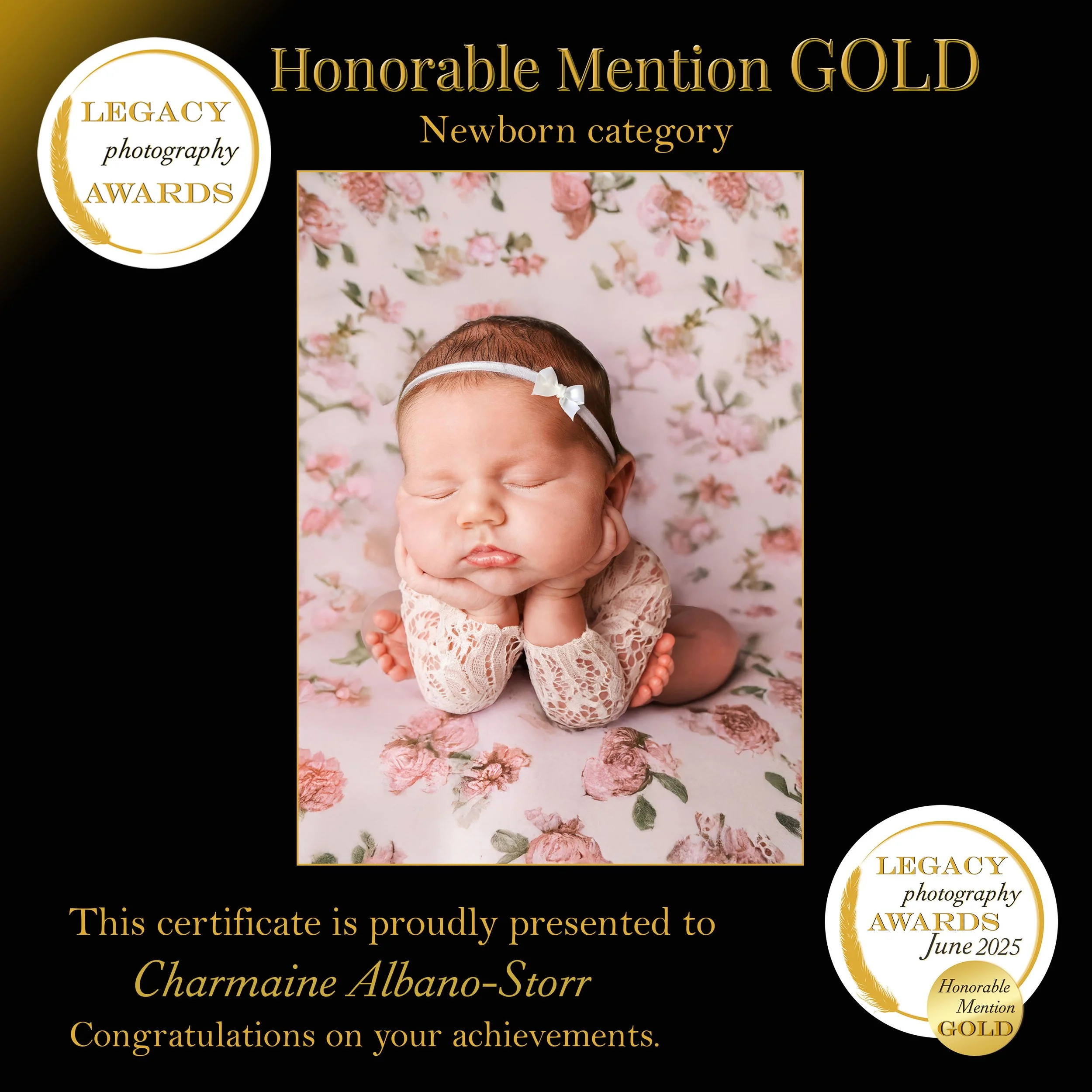 Certificate of achievement with a photograph of a sleeping baby girl wearing a lace outfit and a white bow headband, with a floral background and gold accents.