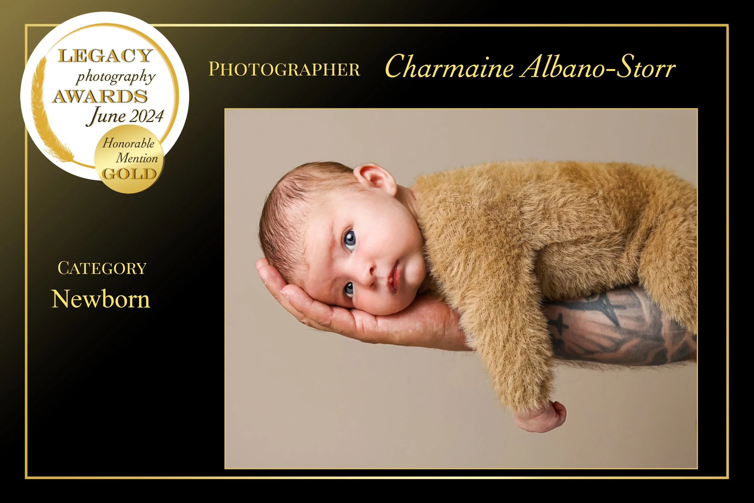 Award certificate for a newborn photograph by Charmaine Albano-Storr, recognized with honorable mention in gold at the Legacy Photography Awards June 2024, featuring an image of a sleeping newborn in a brown fuzzy outfit, held gently by a tattooed ha