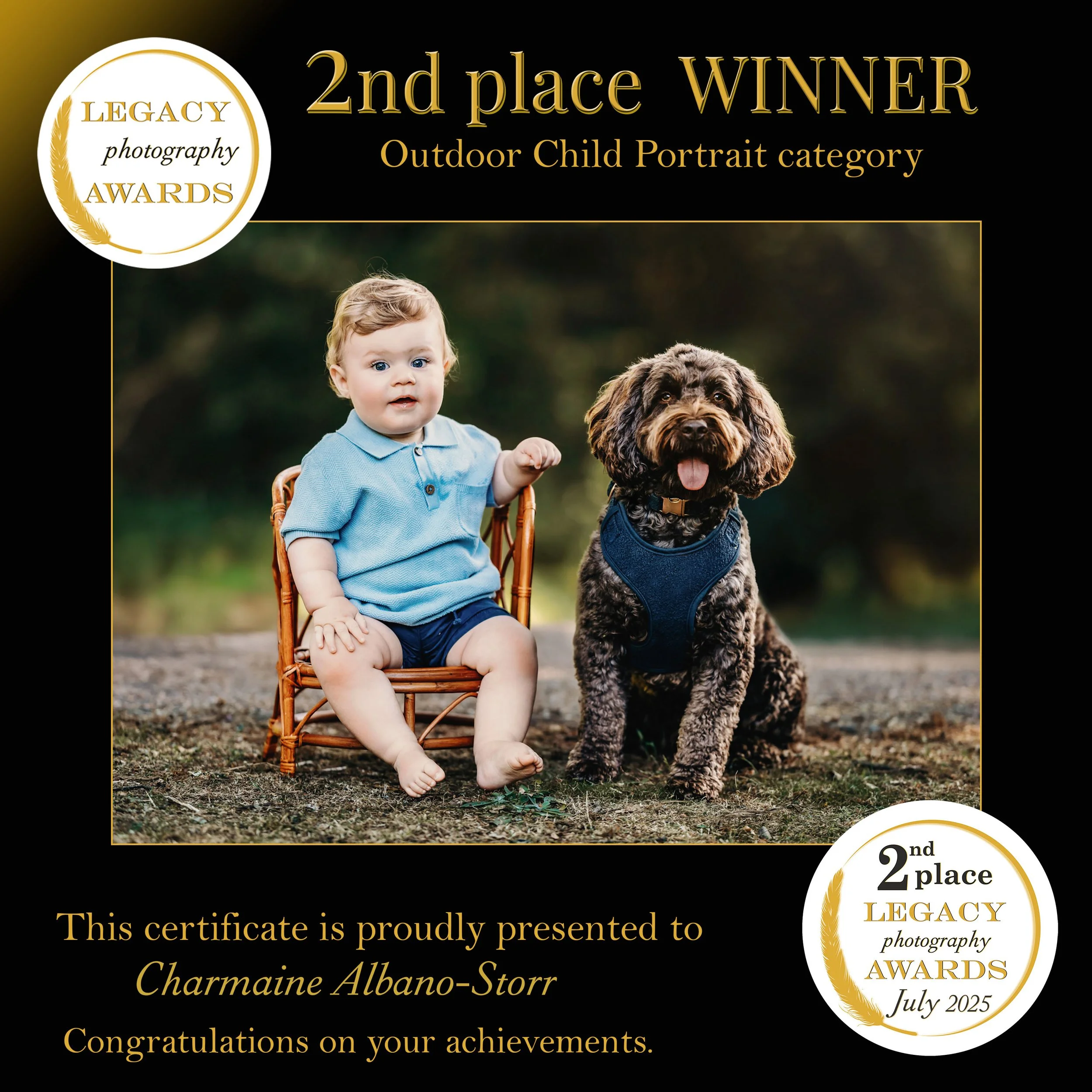 A certificate for second place in the outdoor child portrait category at the Legacy Photography Awards, featuring a toddler in a blue shirt and shorts sitting next to a large, curly-haired dog with a harness, outdoors in a natural setting.