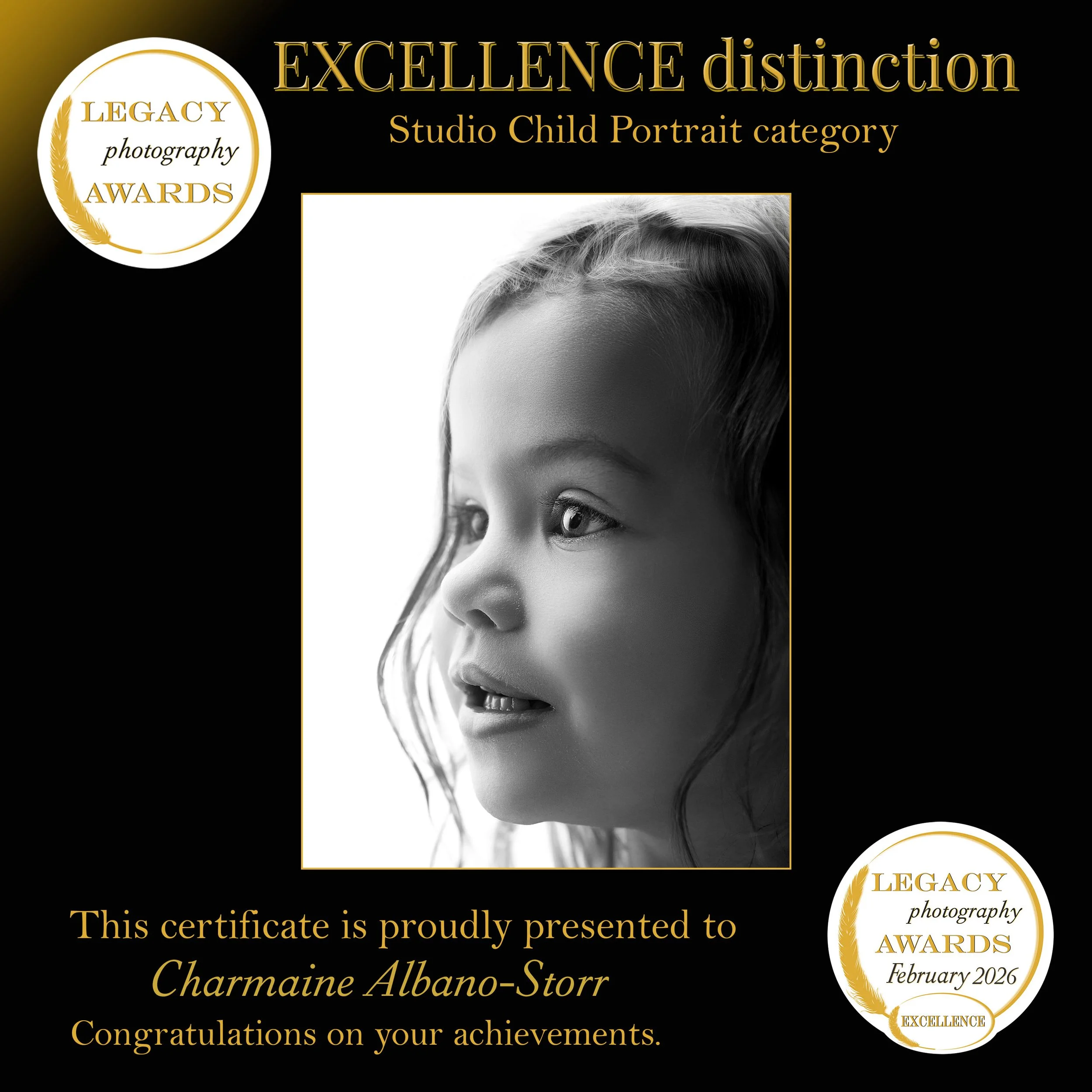 Excellence distinction in the Legacy Photography Awards Studio Child Portrait category, featuring a black and white close-up portrait of a young girl.