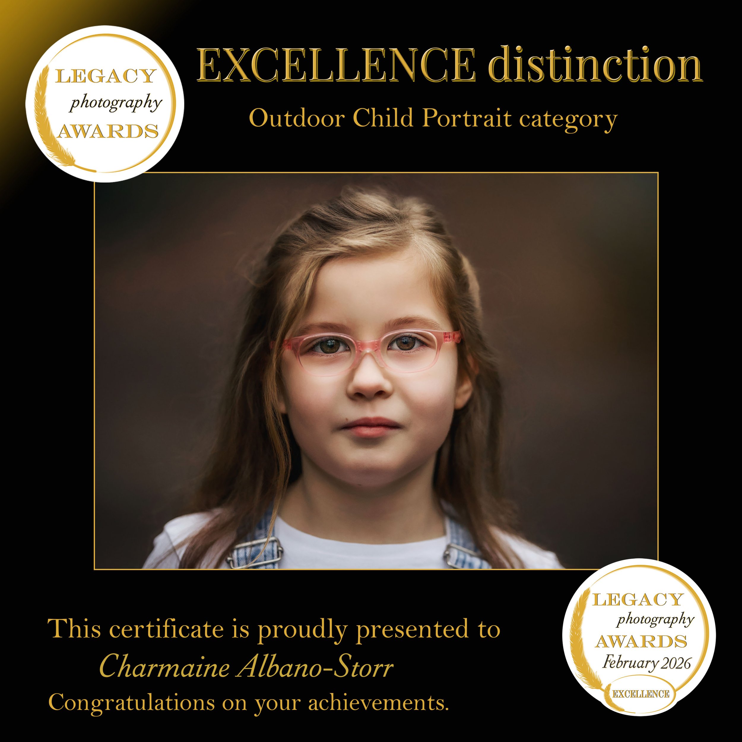 Excellence distinction in the Legacy Photography Awards Outdoor Child Portrait category, featuring a close-up portrait of a young girl wearing red glasses.