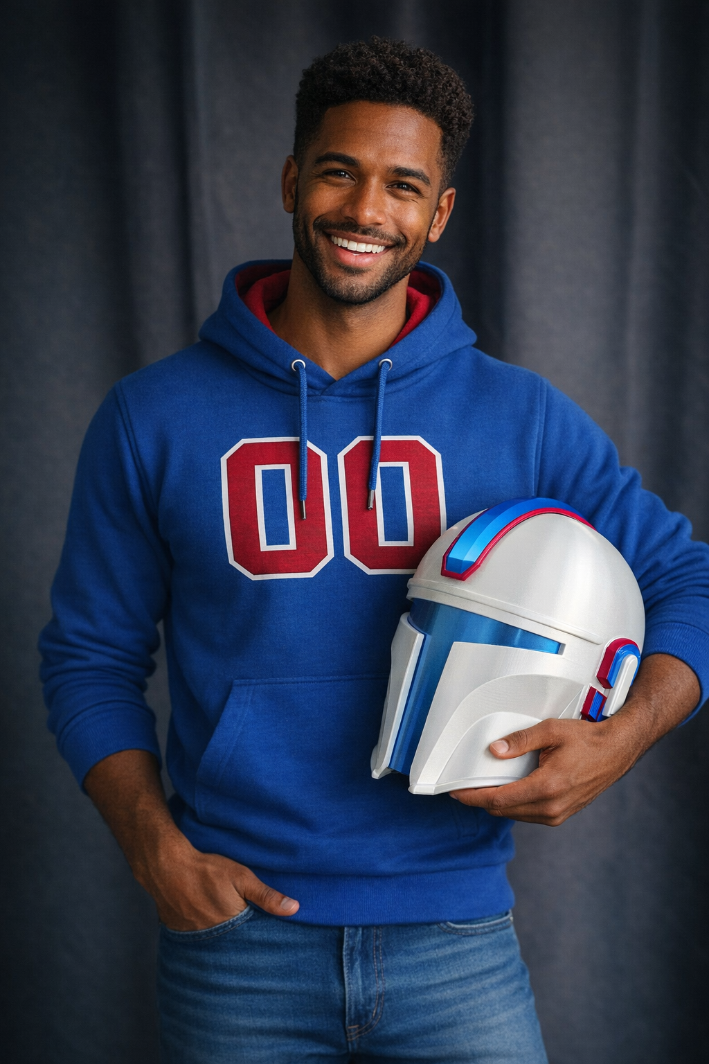 A young man with curly hair and a beard smiling while holding a Star Wars Mandalorian helmet, wearing a blue hoodie with red and white lettering, standing against a dark gray background.
