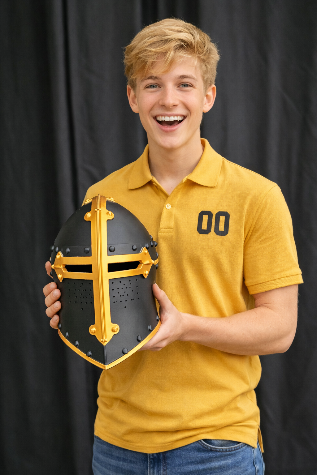 A smiling young man with blond hair wearing a yellow polo shirt with the number 00 on it, holding a black and yellow medieval-style helmet against a black backdrop.