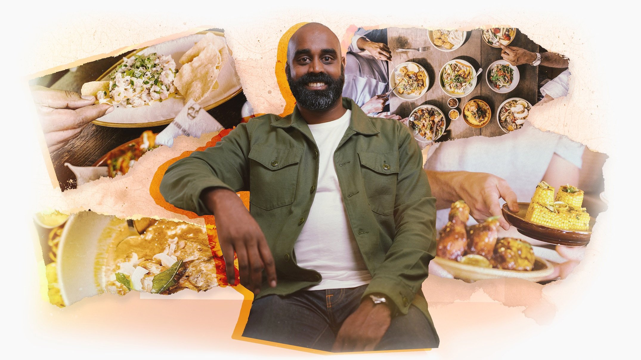 A man with a beard in a green jacket sitting in front of a collage of various dishes including tacos, chicken, corn on the cob, haan, and Asian cuisine, with a warm, textured background.