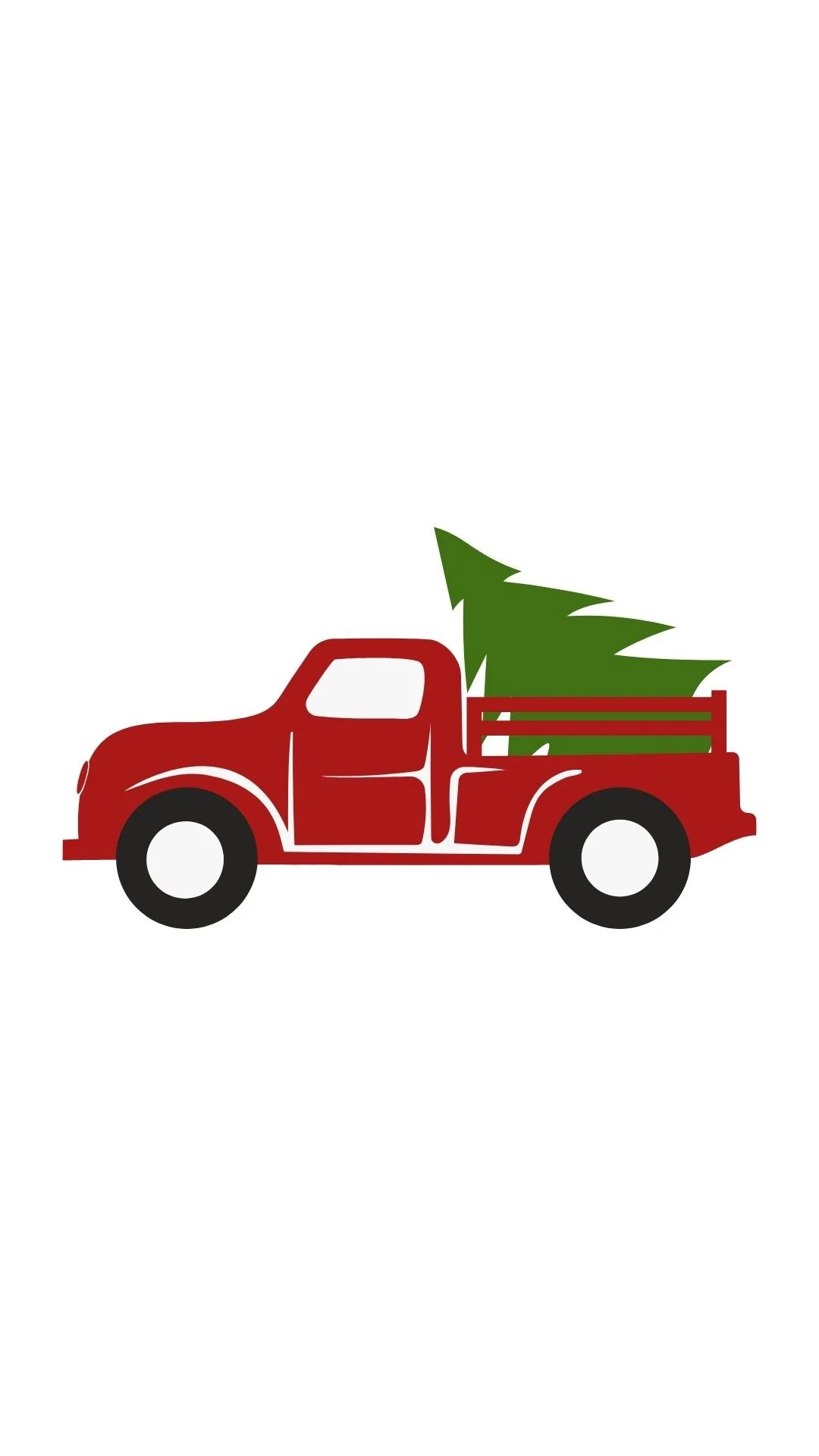Red vintage pickup truck carrying a green Christmas tree in its bed.