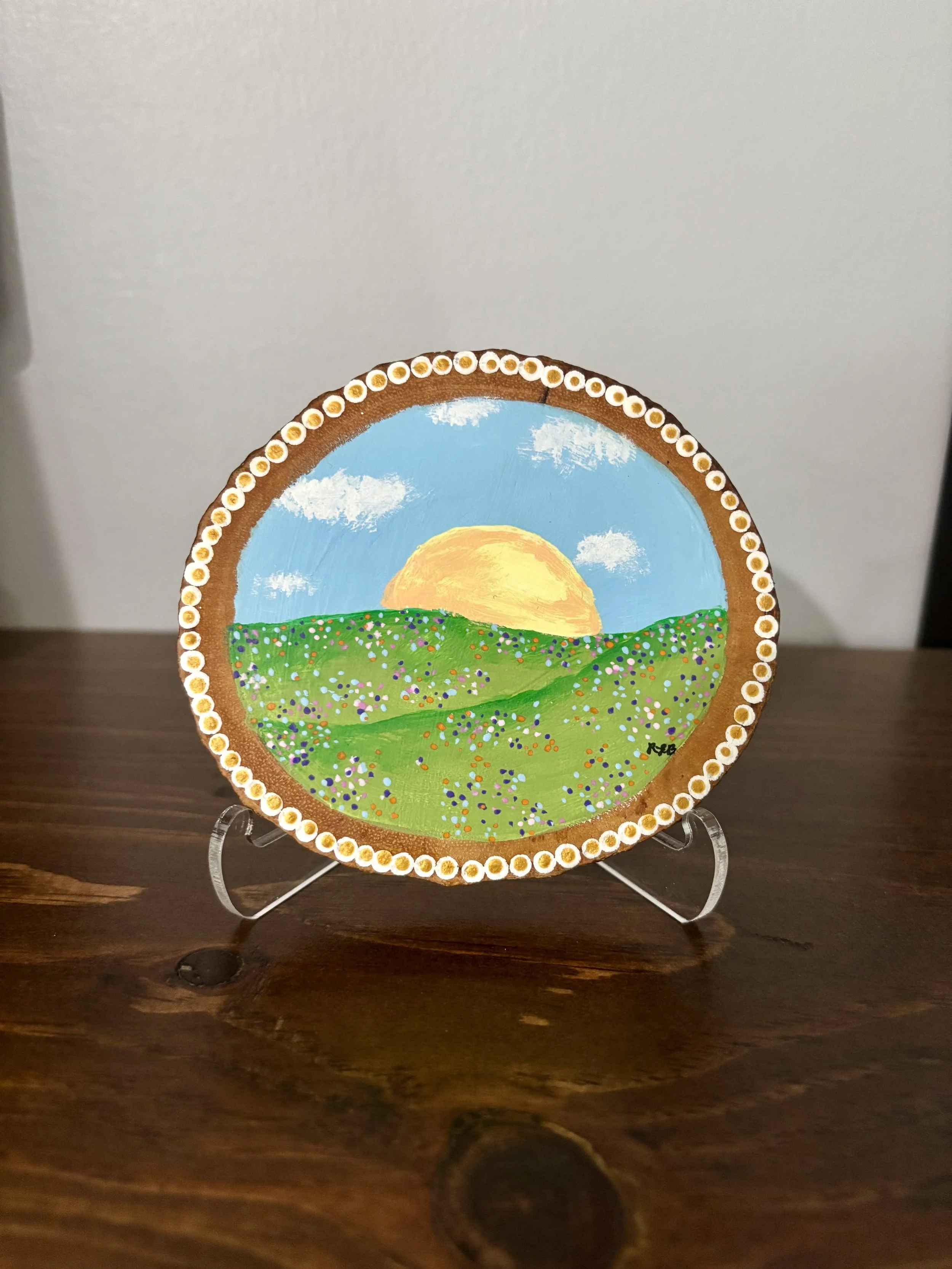 Spring Sunset Painting on Wood with Display Stand