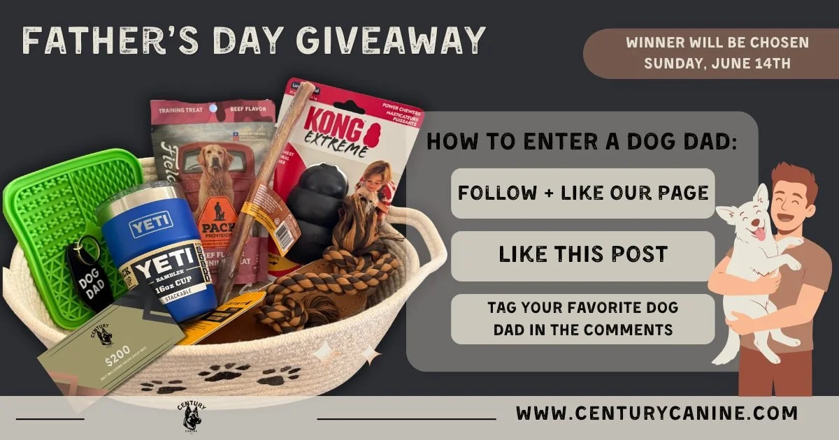 🐾 FATHER'S DAY GIVEAWAY FOR THE DOG DADS 🐾
 A YETI. A KONG. A $200 GIFT CARD. AND MORE. 
Tag a man in your life who loves his dog. 🎉

**Here's what's inside:**

🎁 $200 Century Canine Gift Card
☕ Yeti Mug
💪 Large Heavy Duty Kong
🔶 Carhartt Tug T