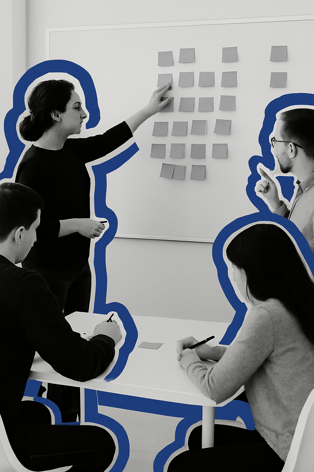 A woman is standing and pointing at sticky notes on a whiteboard during a team meeting, with three other people sitting around a table taking notes and listening.