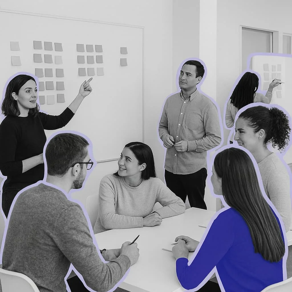 A woman is presenting to a group of seven people in a meeting room with sticky notes on the wall. The group is listening, some taking notes or looking at the presenter.