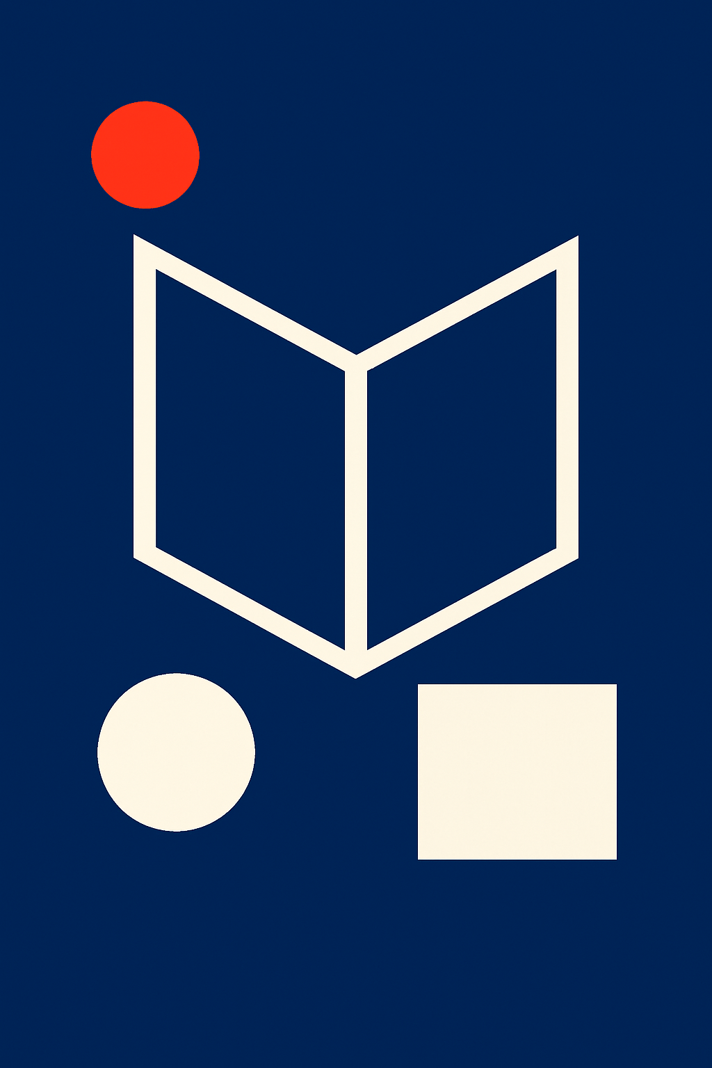 A black background with a white geometric open cube shape, a green circle above, a white oval below, and a white square to the right.