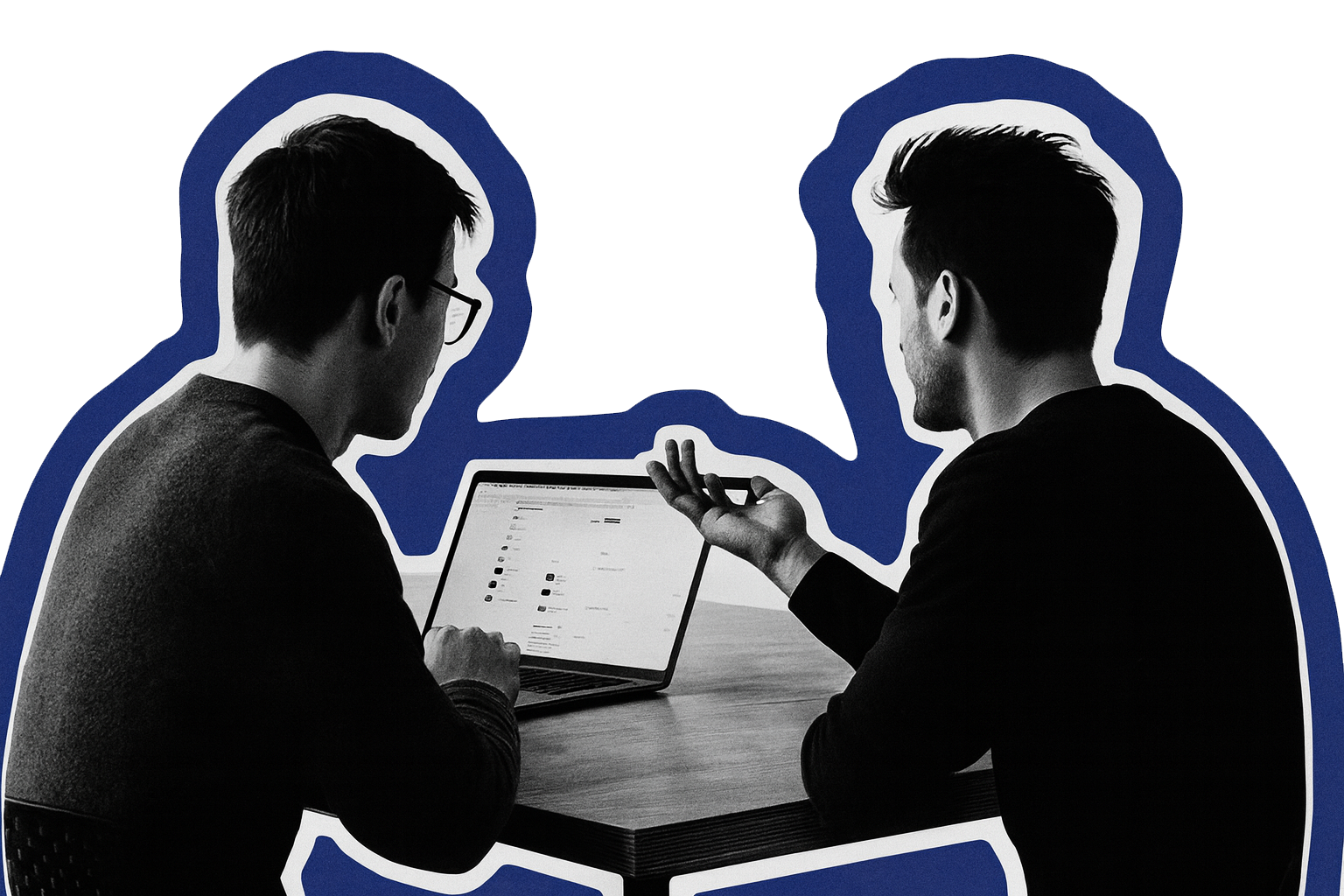 Two men having a discussion at a table, one is using a laptop and the other is gesturing with his hand.