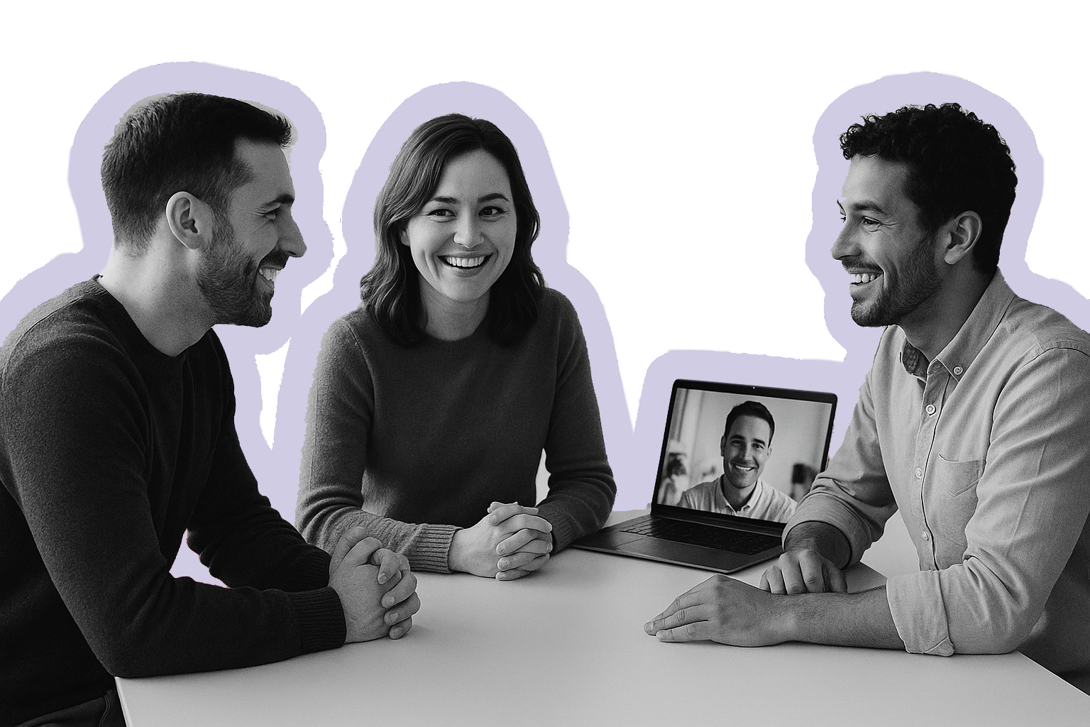 Three people sitting at a table engaged in a video call with a man on a laptop screen. All are smiling and appear to be having a friendly conversation.
