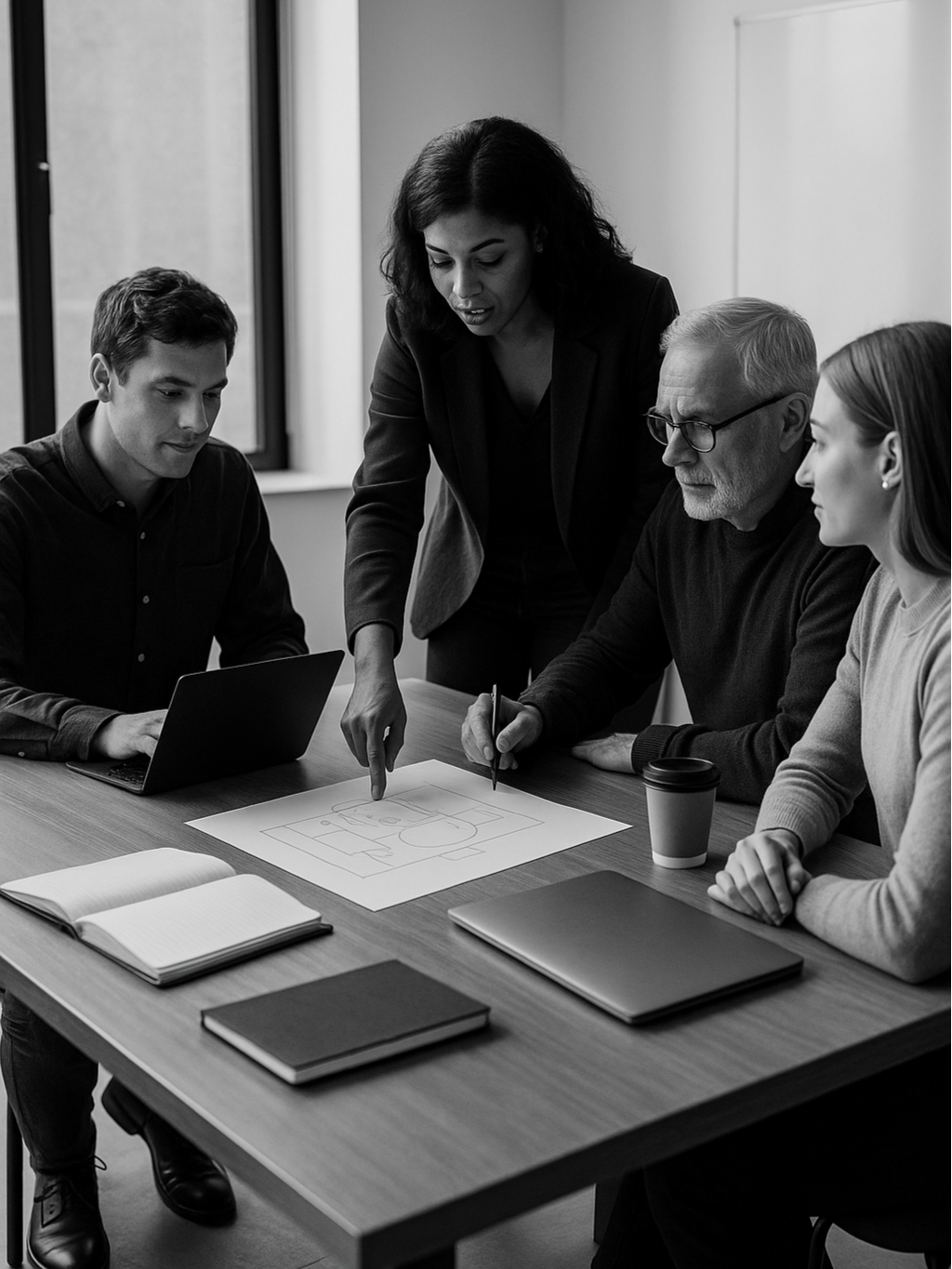 Group of four people discussing a blueprint at a meeting in an office.