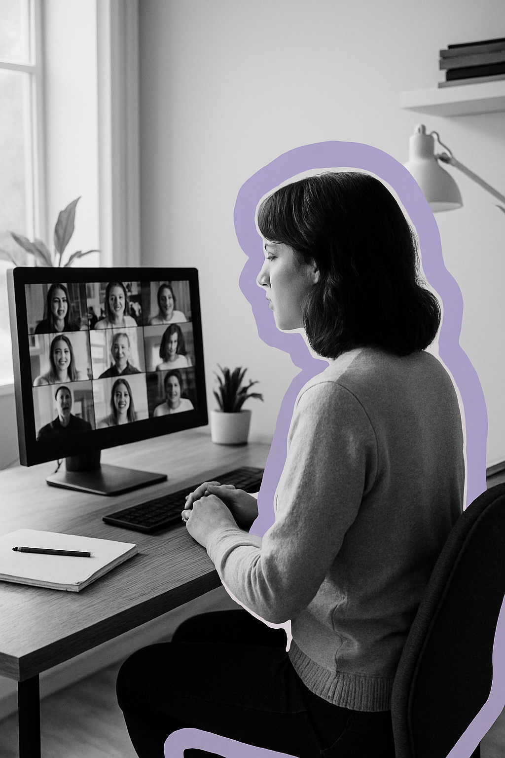 A black and white photo of a woman sitting at a desk with a computer monitor displaying a video call with multiple participants. The woman is facing the screen with her hands clasped. There is a plant, a notebook, and a pen on the desk. The background shows a window with curtains and a wall with shelves.