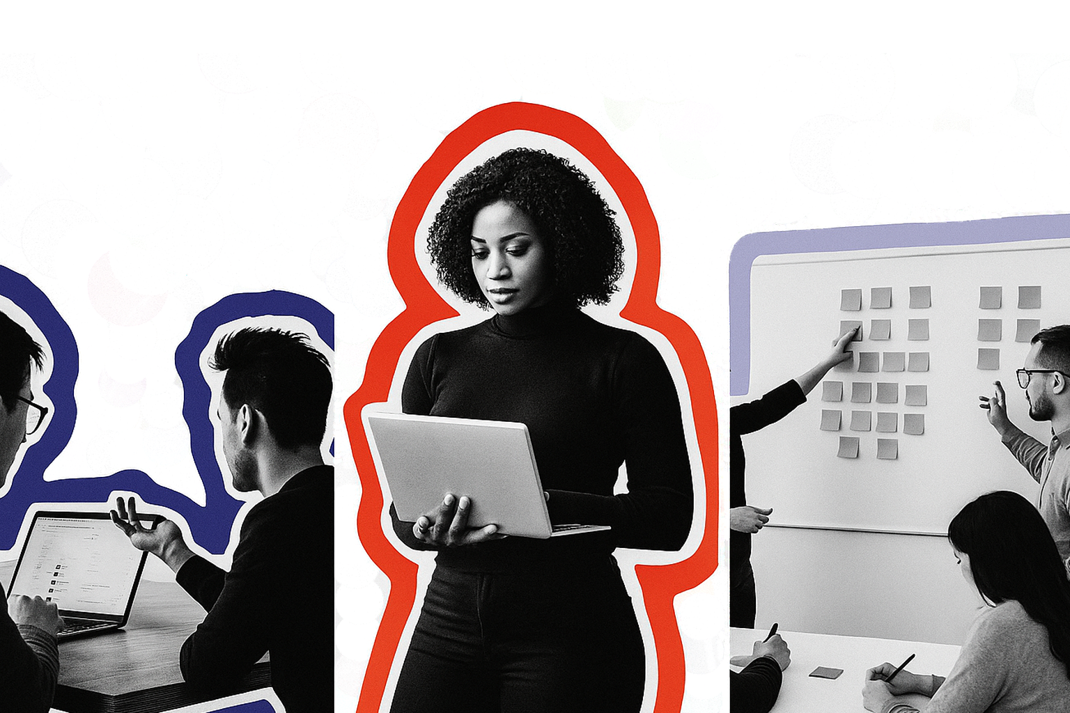 A woman with curly hair holding a laptop in a business meeting or workshop, with colleagues working on devices and a whiteboard with sticky notes in the background.