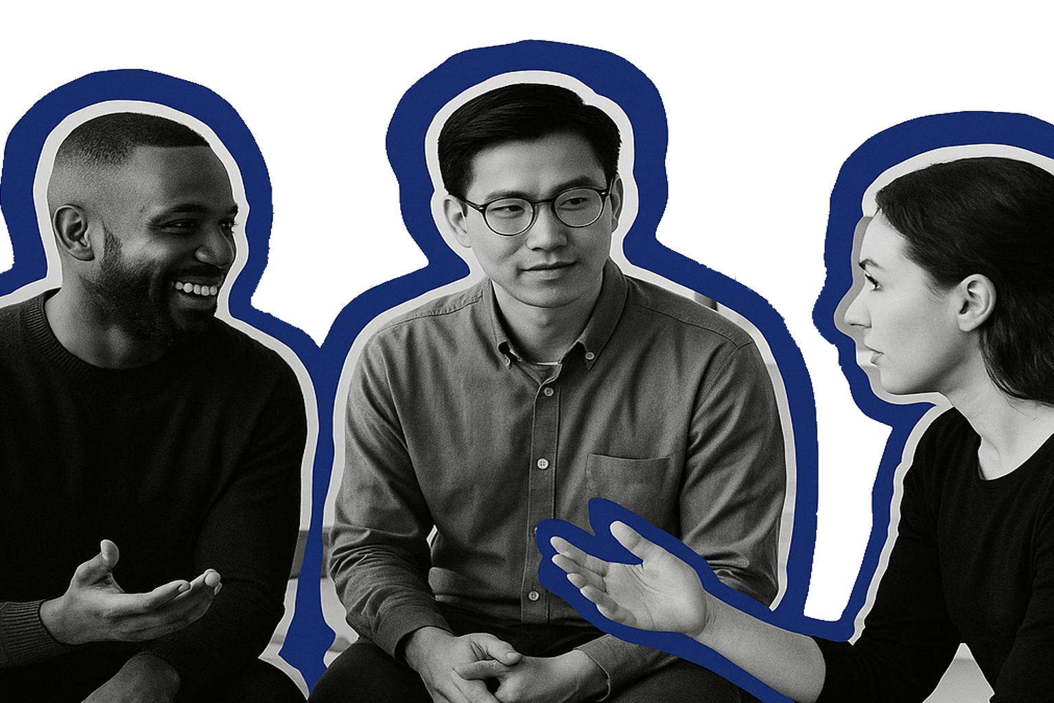 Three people engaged in conversation, two women and a man, in a black and white photo with blue outline around them.