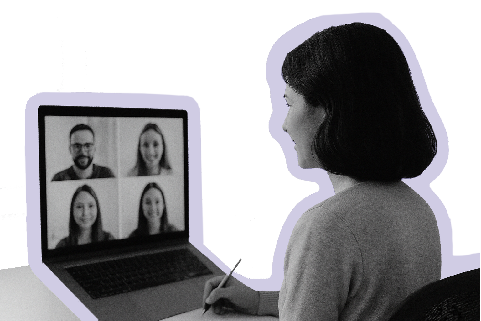 A woman participating in a virtual meeting or video call on her laptop, with four people visible on the screen, two men and two women.