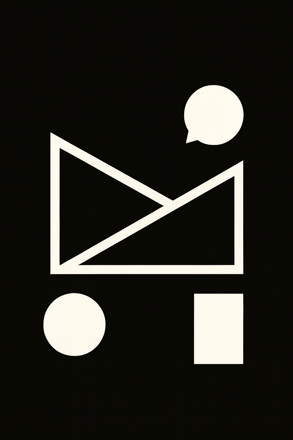 Black background with a white outline of an open envelope, two speech bubbles, a circle, and a rectangle.