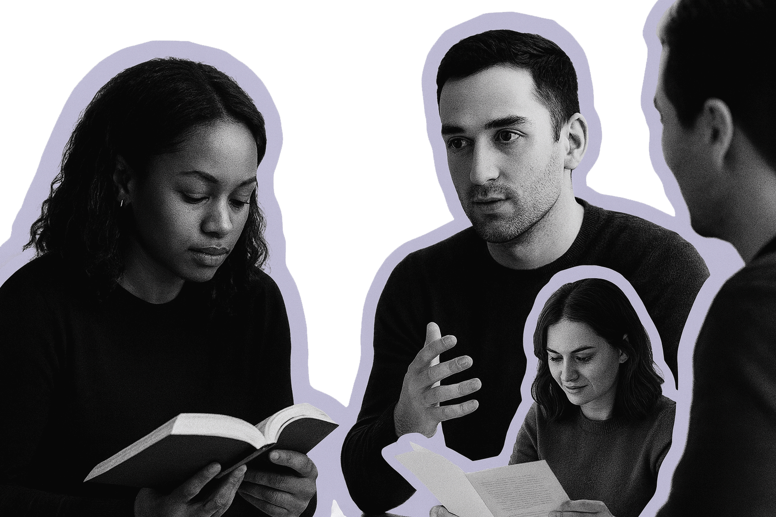 Four people having a discussion, with two of them holding books and talking.