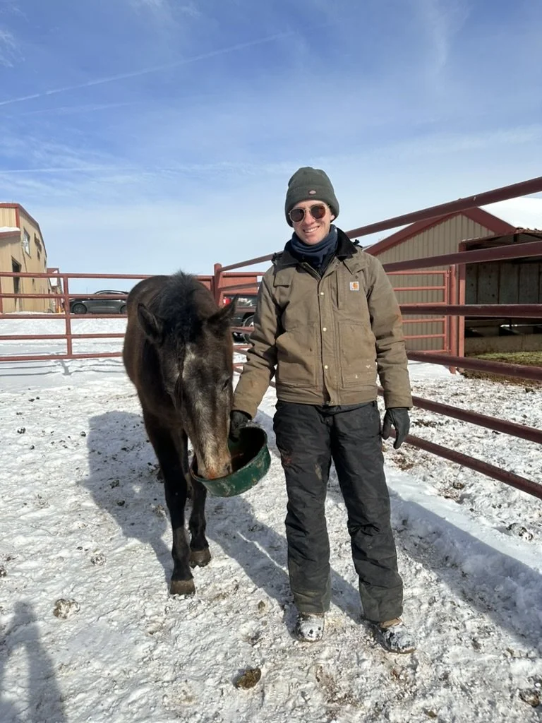 A man in outdoor winter clothing standing beside a black horse with a feed bucket in its mouth on a snow-covered ground, in a fenced outdoor area.