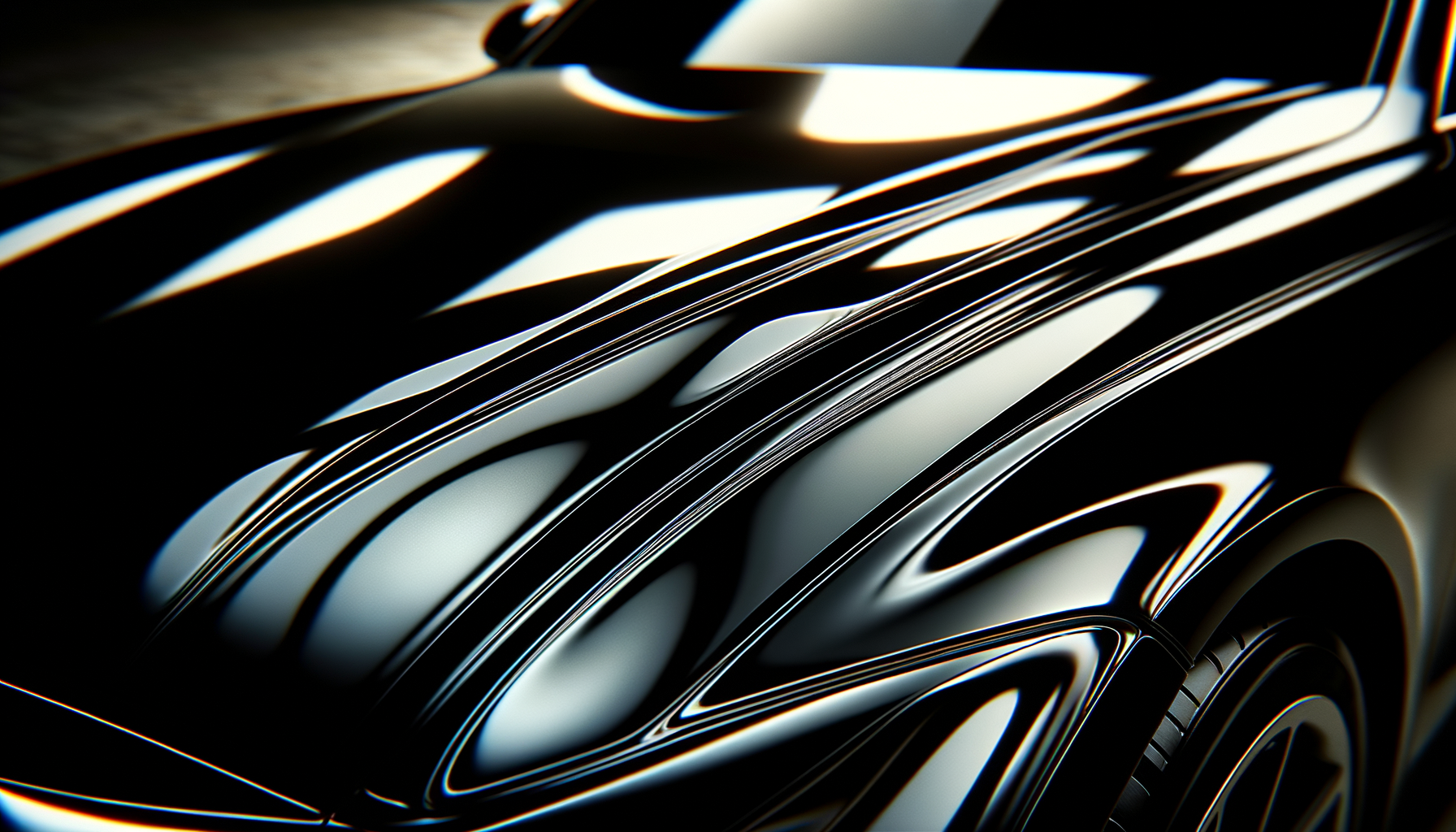Close-up of a sleek, black car with shiny, reflective surface and modern design.