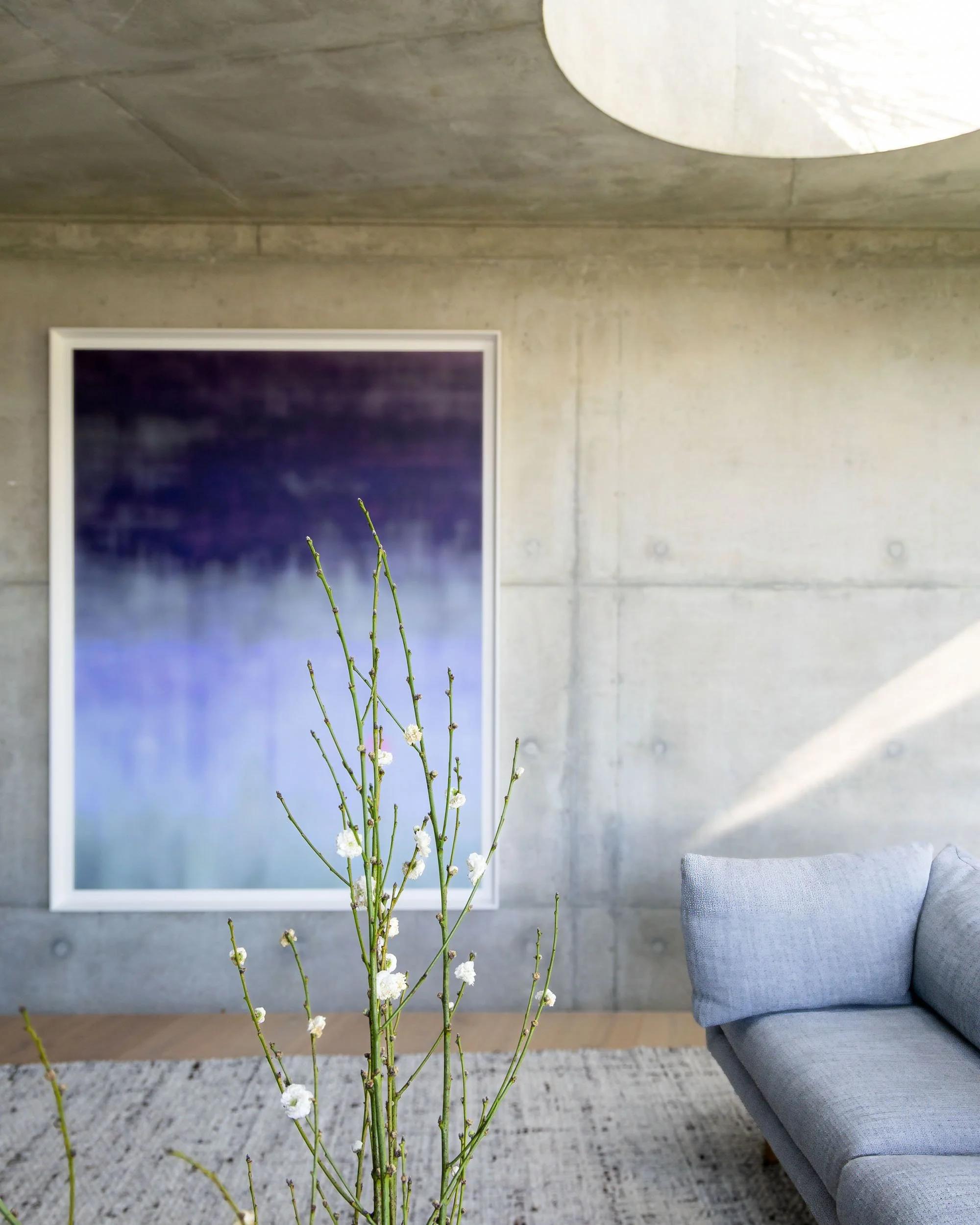 A modern living room with concrete walls, a large abstract painting, a light gray couch, and a tall plant with white flowers in the foreground.