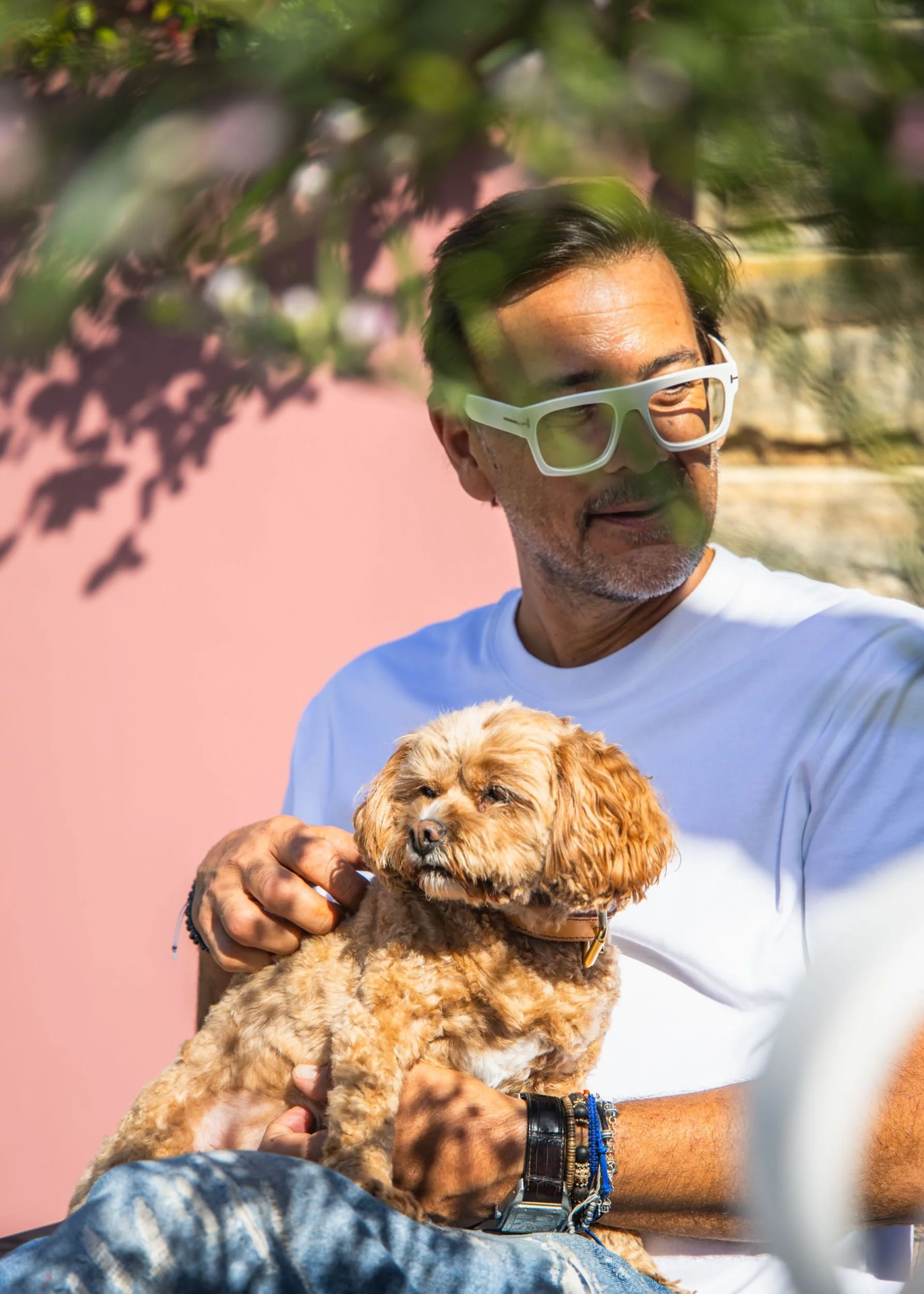 A man wearing white oversized sunglasses and a white t-shirt is sitting outdoors in sunlight, holding a small, curly-haired brown dog. The background features a pink wall with some greenery and shadows of leaves.