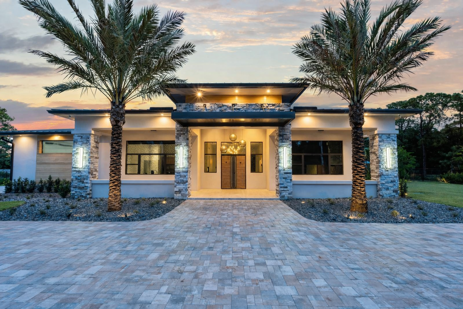 Modern house with stone accents, palm trees, and a paved driveway at sunset.