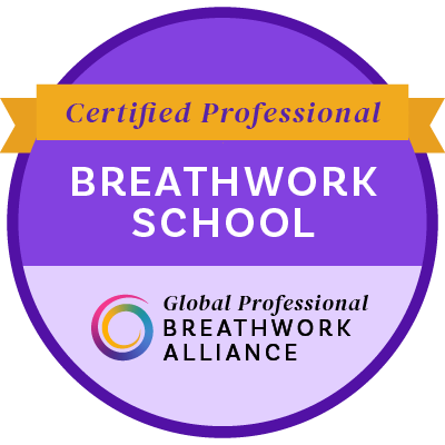 Purple and black circular badge with yellow banner reading 'Certified Professional', centered text 'Breathwork School', and logo of the Global Professional Breathwork Alliance.
