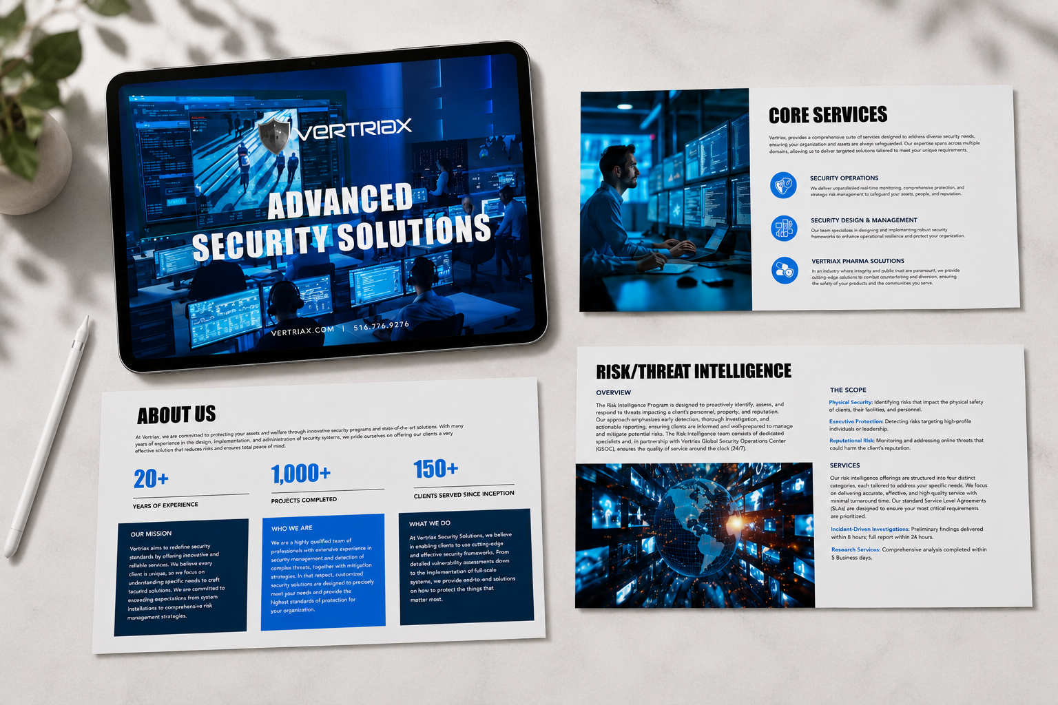 Corporate presentation design for Vertriax Security Solutions featuring branded slide layouts, visual hierarchy, and B2B marketing communications.