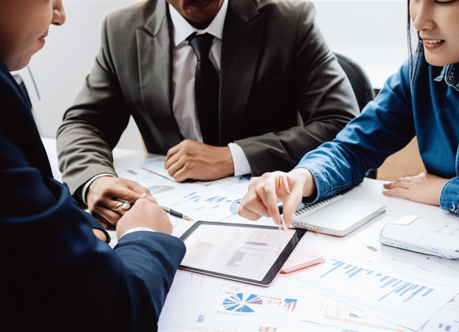 Three business professionals discussing financial charts and documents on a tablet, with notebooks and papers on the table.