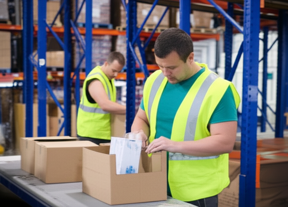 Two men in a warehouse wearing high-visibility vests, working at a table with cardboard boxes.