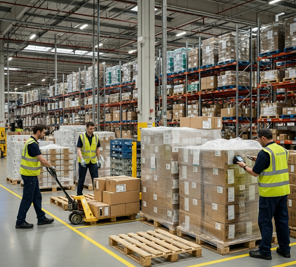 Real warehouse workers managing pallets and inventory