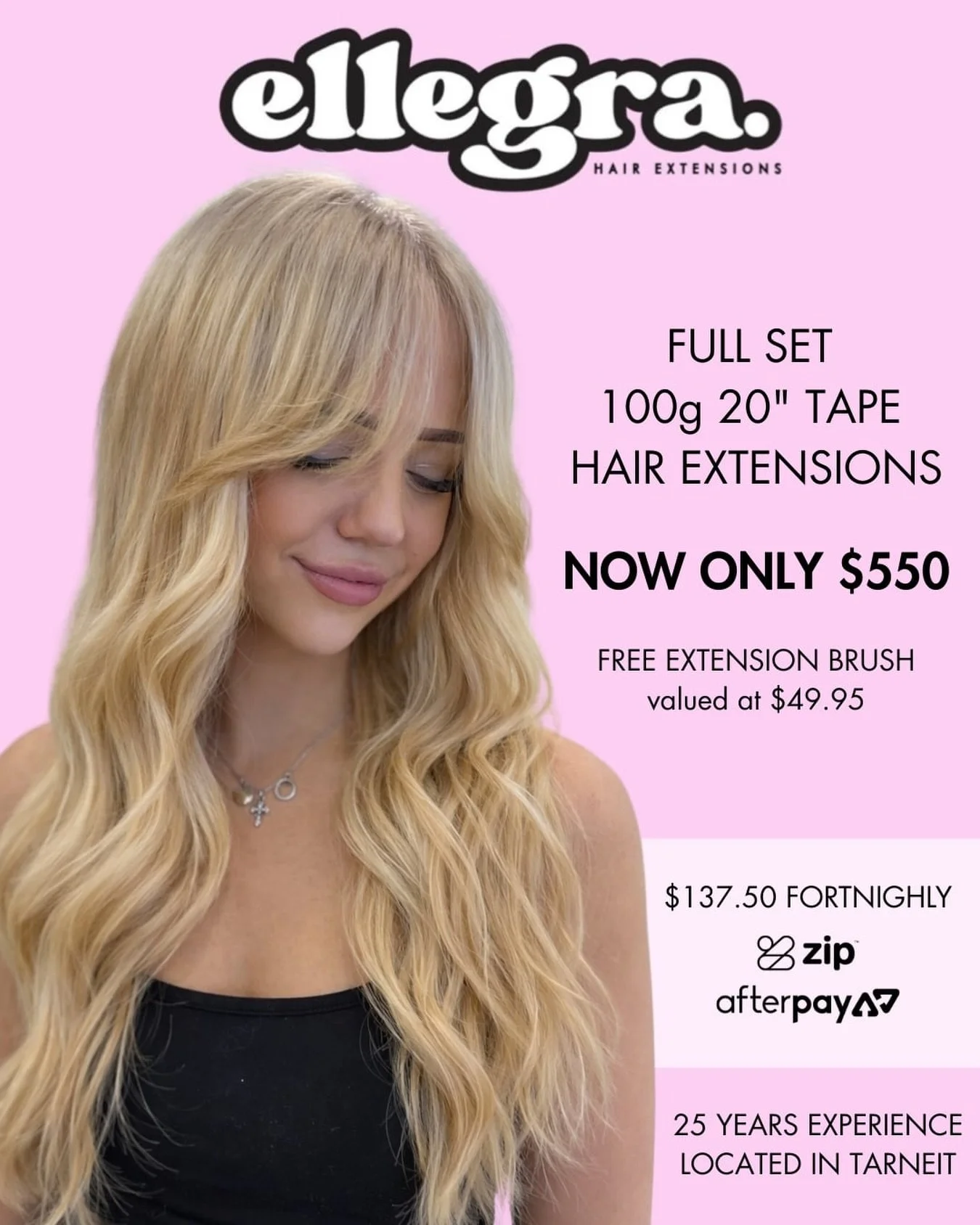 HAIR EXTENSIONS THAT WON&rsquo;T BREAK THE BANK!

Full set 100g 20&rdquo; tapes for $550 + free extension brush.

Soft, seamless, natural-looking tapes that blend like a dream and feel lightweight. 

Spots won&rsquo;t wait around looking cute. DM &ld