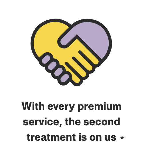 Illustration of two hands shaking inside a heart, with the text "With every premium service, the second treatment is on us."